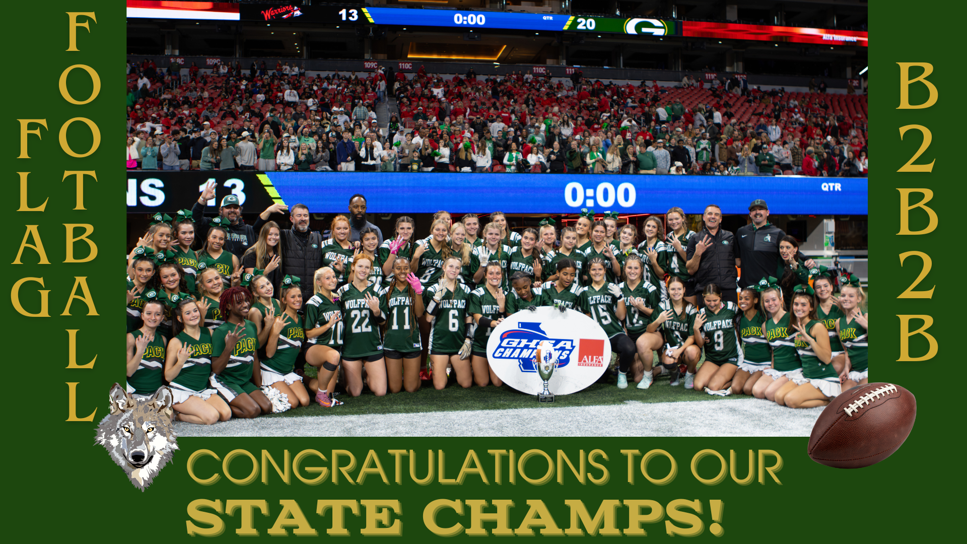 Group of cheerleaders celebrating a championship win on the football field.