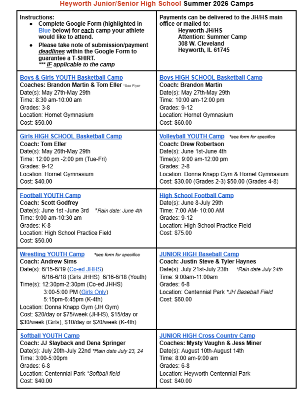 Summer Camp Sign Up Sheet