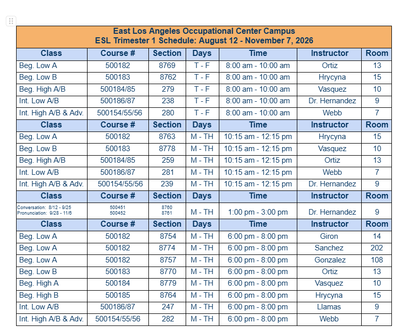 ESL Trimester 1 - Aug. 12 - Nov. 7, 2026