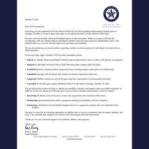 Superintendent Letter to the community regarding Homecoming incident