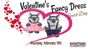 Wolfs dressing a pink dress and blue pants with white shirt and bow. Hearts flowing