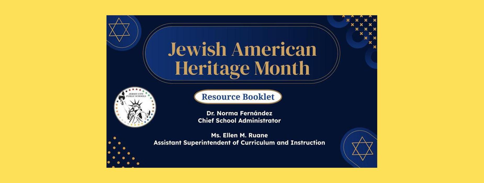 Jewish American Heritage Month booklet with text and star symbols.