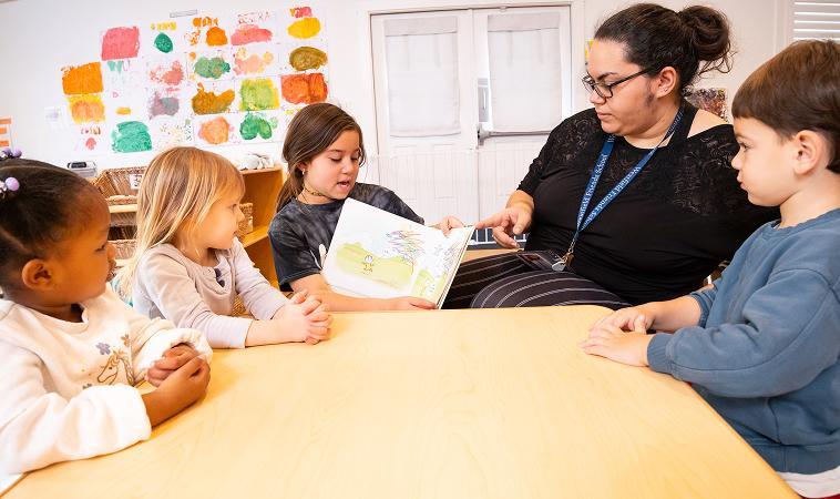 A student discussing a book with a teacher and three other students