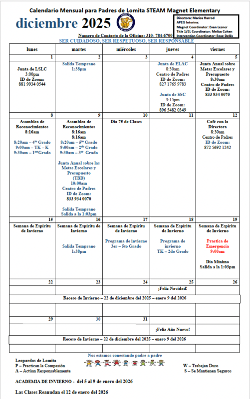 December calendar spanish
