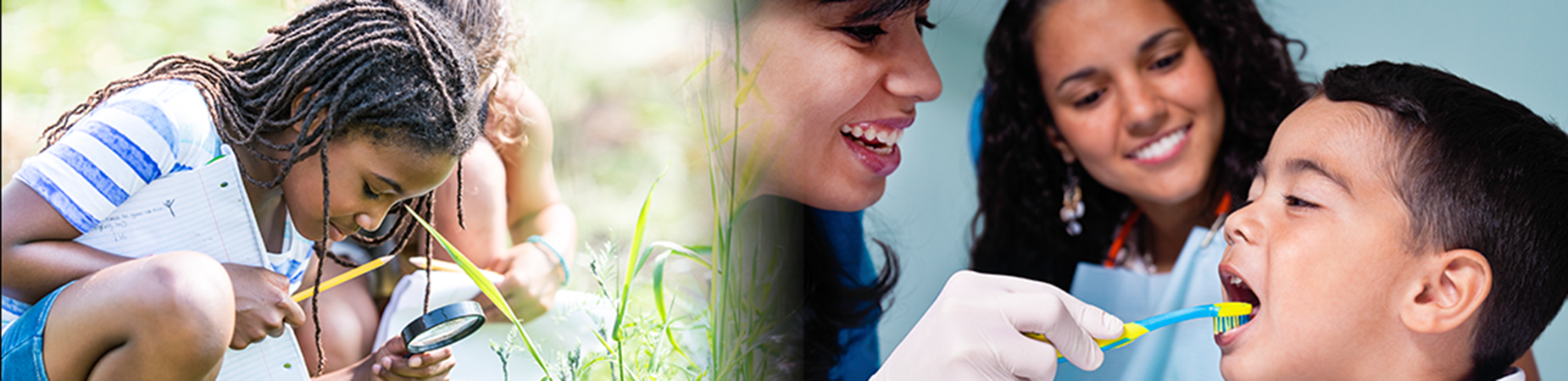 girl sitting on grass and boy getting teeth checked by dentist