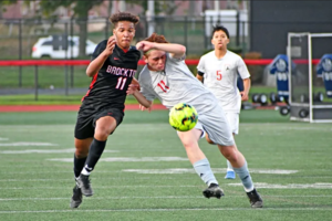 Boys soccer players chasing ball