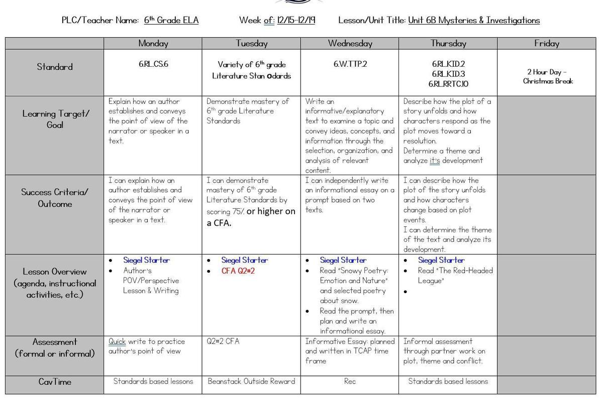 ELA Lesson Plans December 15 - 19