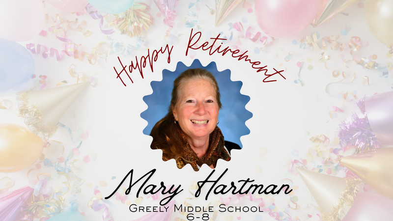 Celebratory retirement announcement with a smiling woman and festive decorations.
