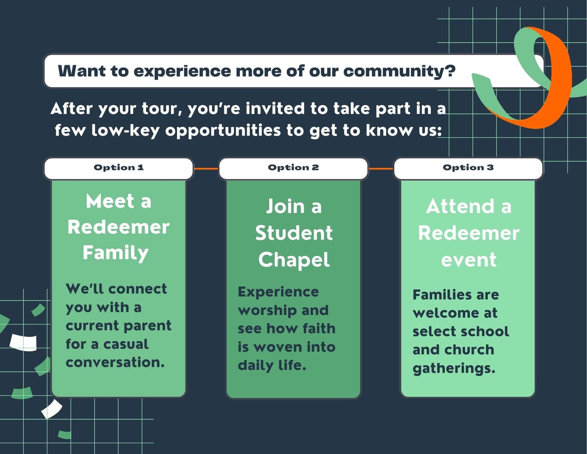 Get to know us better? Meet a Parent, Attend Chapel, Come to School Events