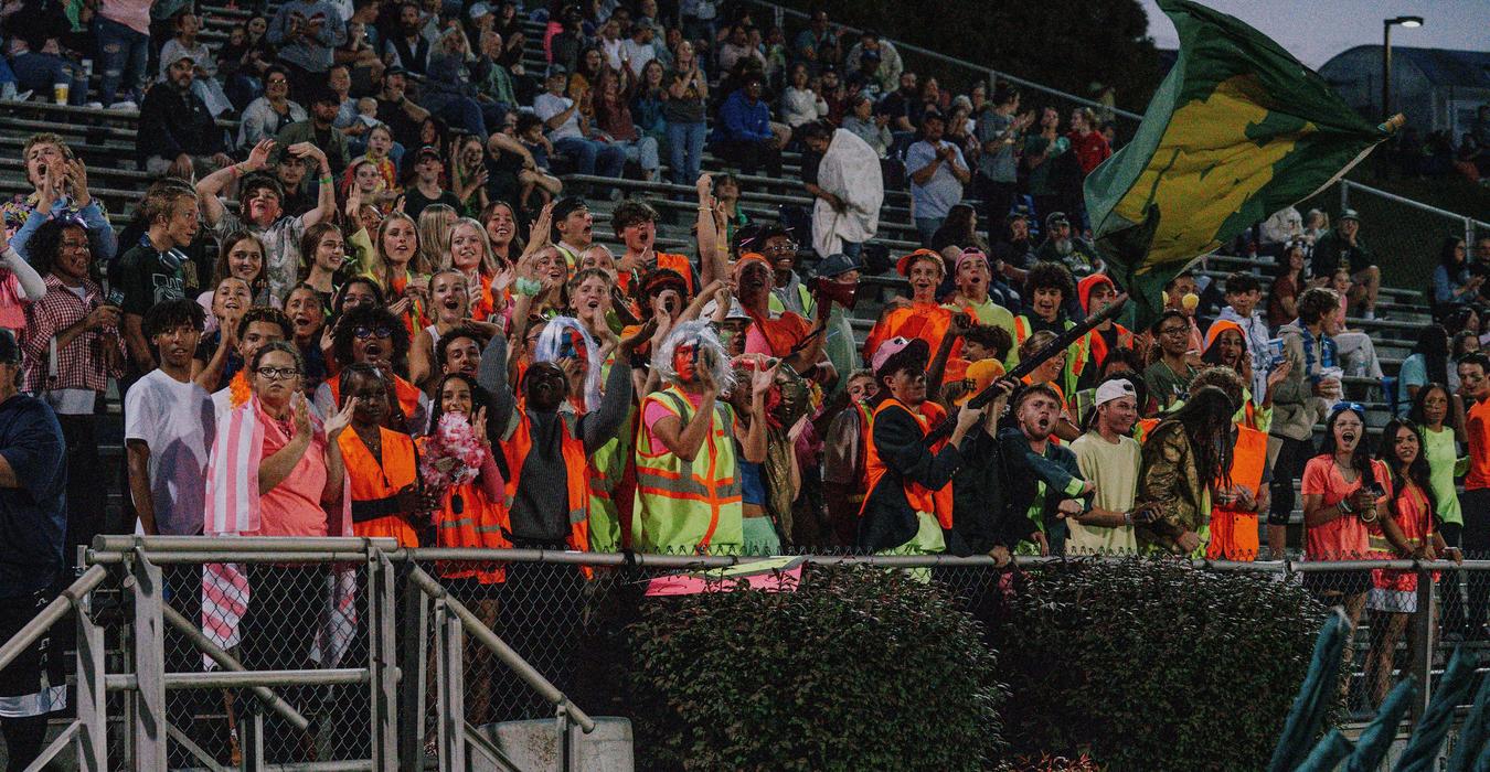 A large crowd of enthusiastic fans in bright clothing cheering at a sports event.