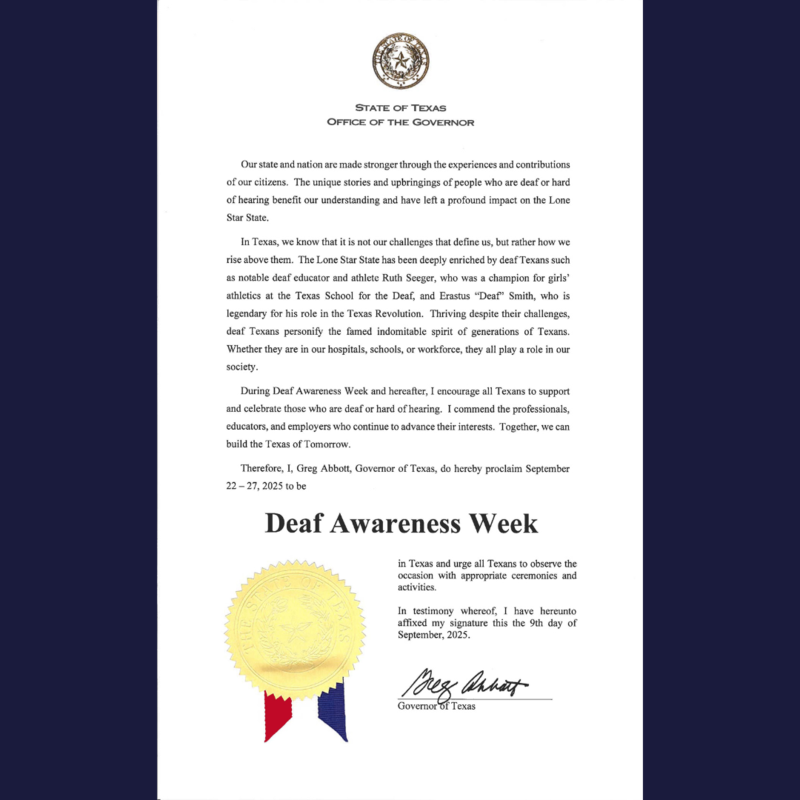Texas Governor proclamation for Deaf Awareness Week