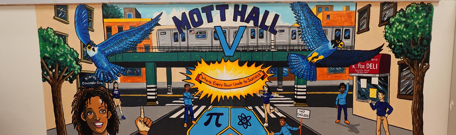 colorful Mott Hall V mural showing students learning and interacting under an elevated train, with falcons flying above and the school motto ‘Where Every Door Leads to Success.’