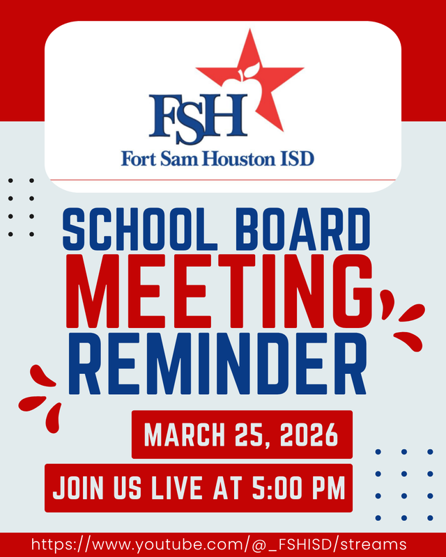 School Board Meeting Reminder Image - Red, White, Blue with Dates and Time