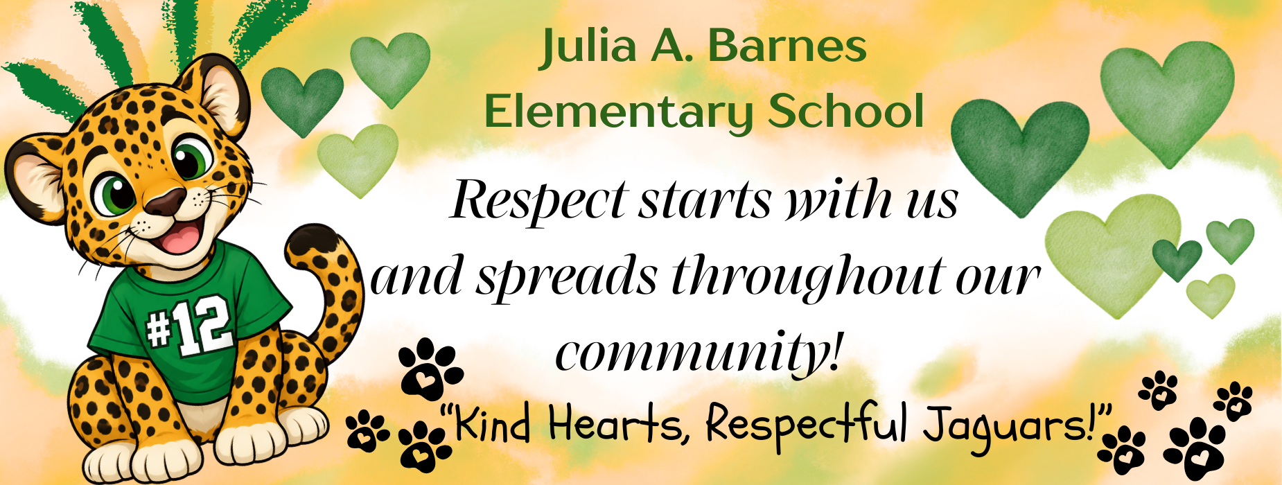 Cartoon leopard mascot with hearts and text promoting respect in the community.