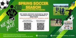 Graphic promoting the upcoming soccer season and the need for coaches and referees