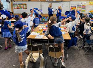 Ms. Lang’s Marengo Elementary second-grade classroom participates in a rally chant for the Los Angeles Dodgers. (Photo Courtesy of South Pasadena Unified School District)