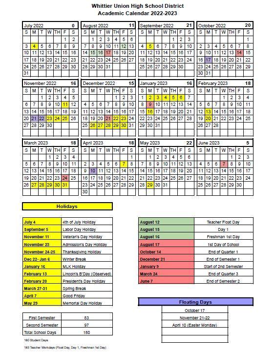 WUHSD Academic Calendars – District Information – Whittier Union High School  District