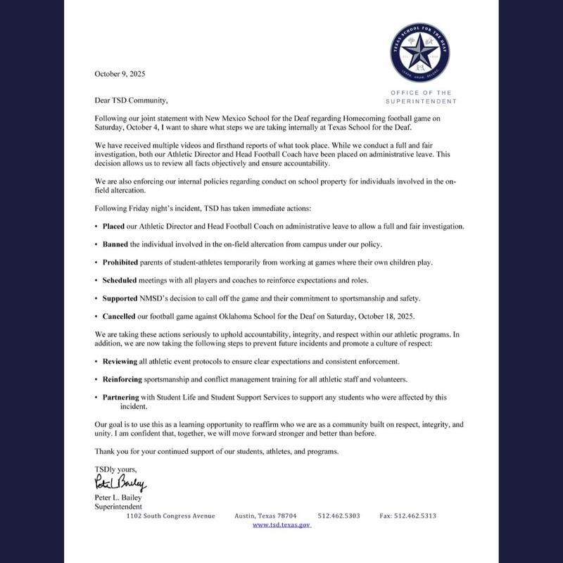 Superintendent Letter to the community regarding Homecoming incident
