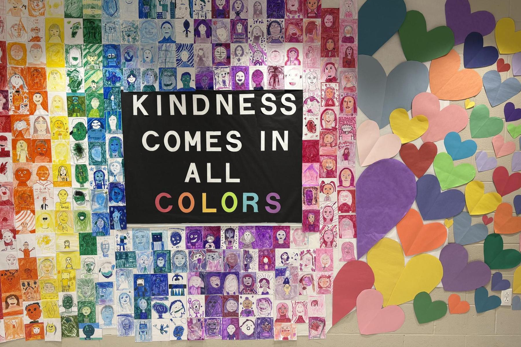 Collage of student portraits with a colorful sign promoting kindness.