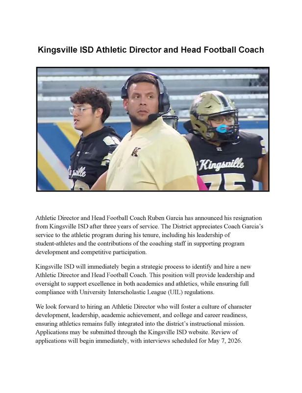 KISD announcement for Athletic Director/Head Football Coach