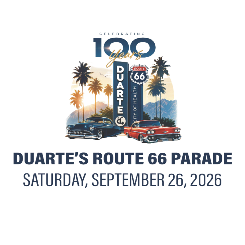graphic of classic model cars in front of Duarte Route 66 sign
