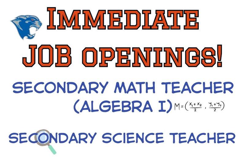 text advertising immediate job openings for an algebra 1 teacher and high school science teacher