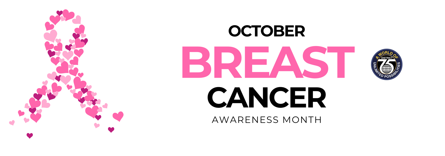 Text promoting Breast Cancer Awareness Month with a heart ribbon graphic.