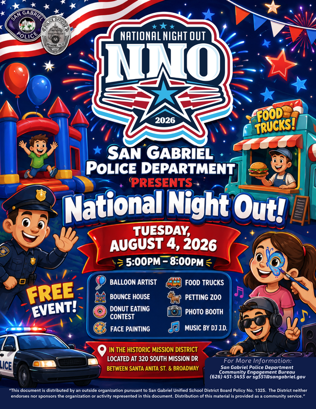 Event flyer for National Night Out with activities and colorful graphics.