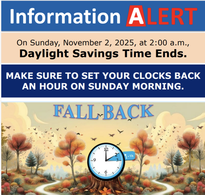 Daylight Savings - turn clocks back 1 hour Nov. 2