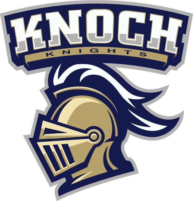 knoch knight logo featuring knoch in script with knight head underneath