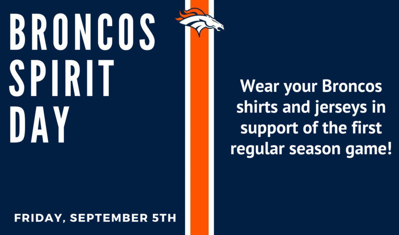 broncos logo centered on an orange stripe dividing a blue background