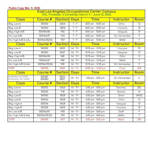 ESL SChedule Trimester III