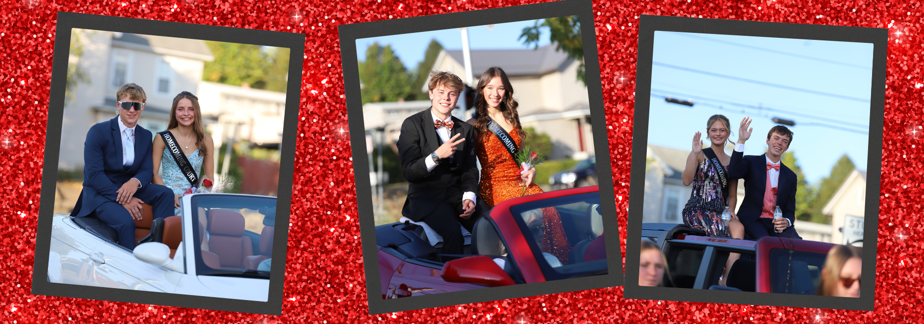 Students in formal wear smiling from decorated vehicles.