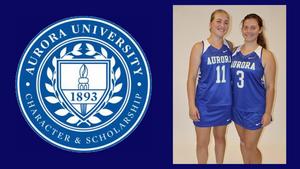 Alt text: "Aurora University logo on the left, featuring a torch and laurel wreath. On the right, two smiling women in blue Aurora sports uniforms, numbered 11 and 3."