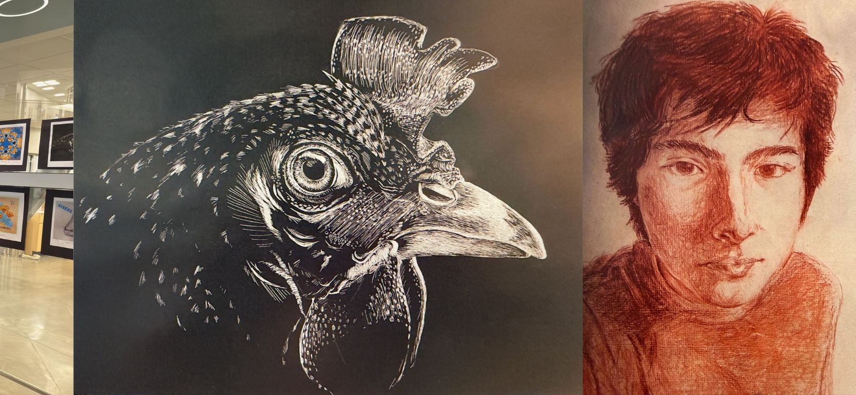 Artwork featuring a detailed chicken illustration and a portrait of a young man.