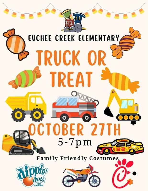 Colorful flyer for a Truck or Treat event with candy, vehicles, and event details.