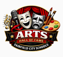 Arts Hall of Fame logo which includes symbols of the fine arts, such as musical notes, paint and brushes, and theater masks.