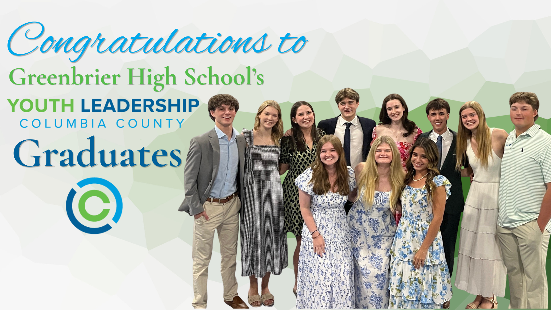 Group of graduates celebrating with a congratulatory message.