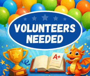 Volunteers Needed with illustrated balloons trophy book and orange dragon