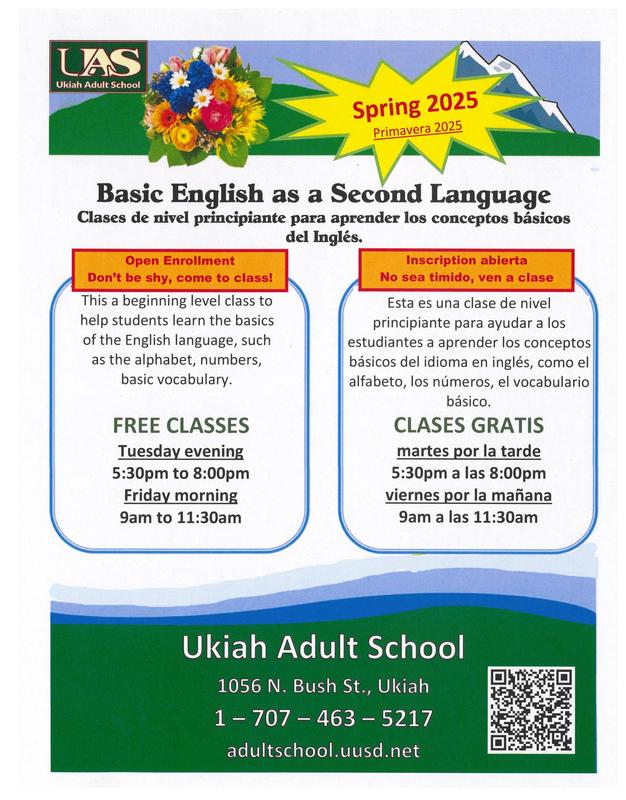 Spring 2025 FREE ESL classes offered by Ukiah Adult School poster