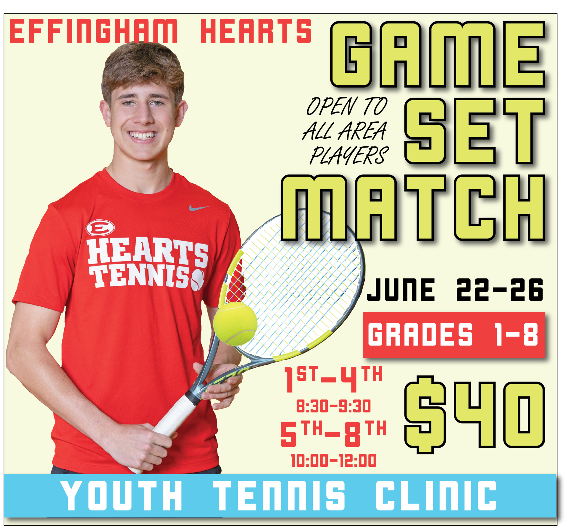 Tennis Player and details of summer youth tennis camp 2026