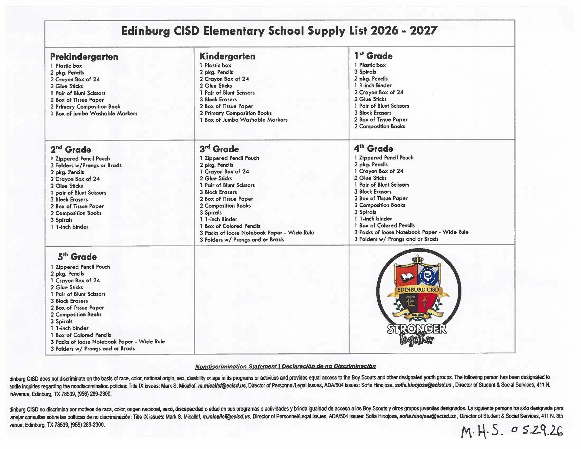 2026-2027 Supply List