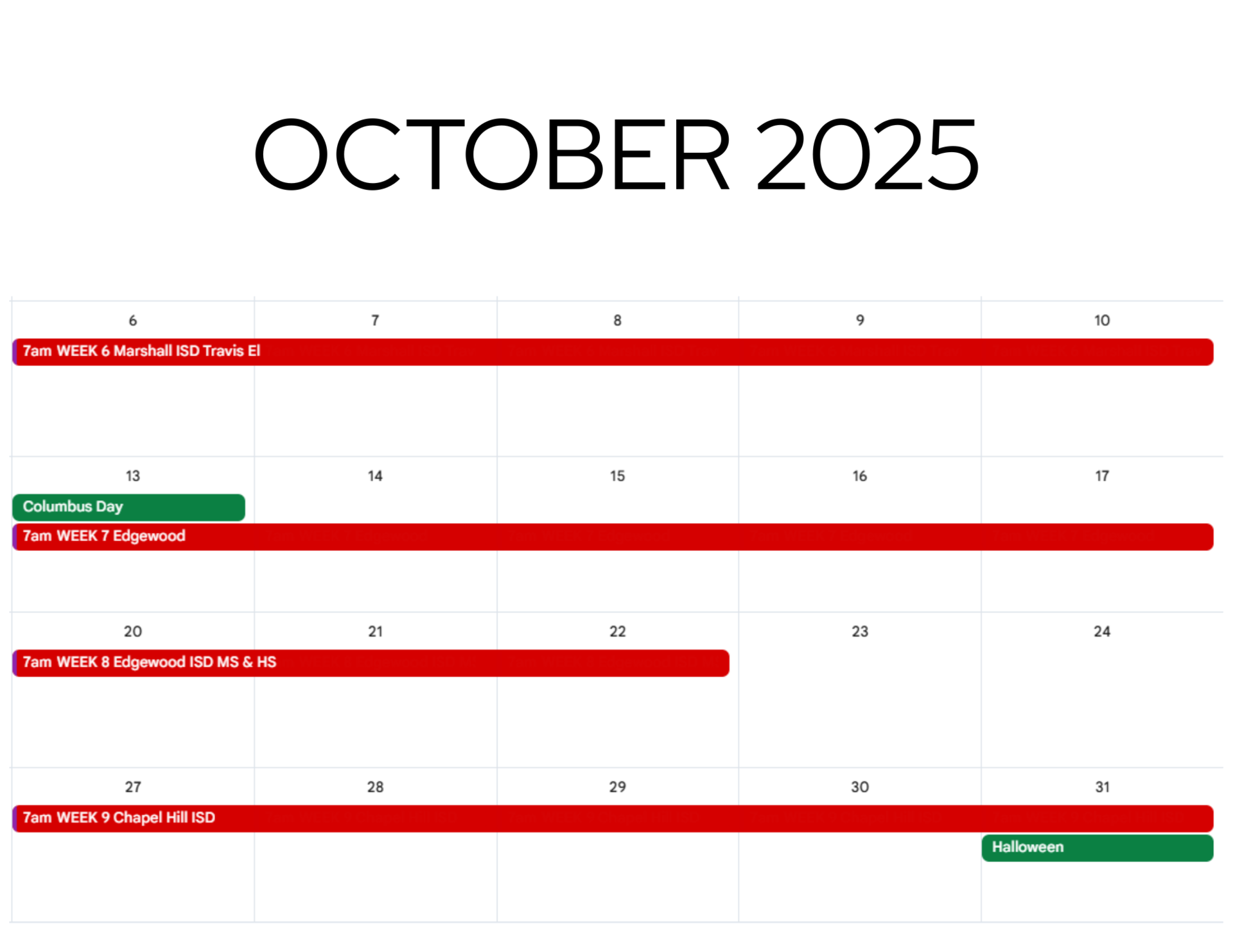 OCTOBER 2025 calendar.  All weeks are reserved.  October 23-24th are available. 