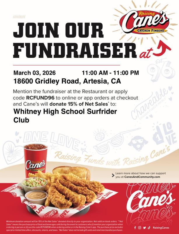 WHS Surfrider Club fundraiser at Raising Cane's on March 3 from 11am - 11pm