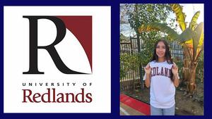 Logo of University of Redlands next to a smiling girl in a Redlands t-shirt, standing outside by green plants, conveying pride and joy.