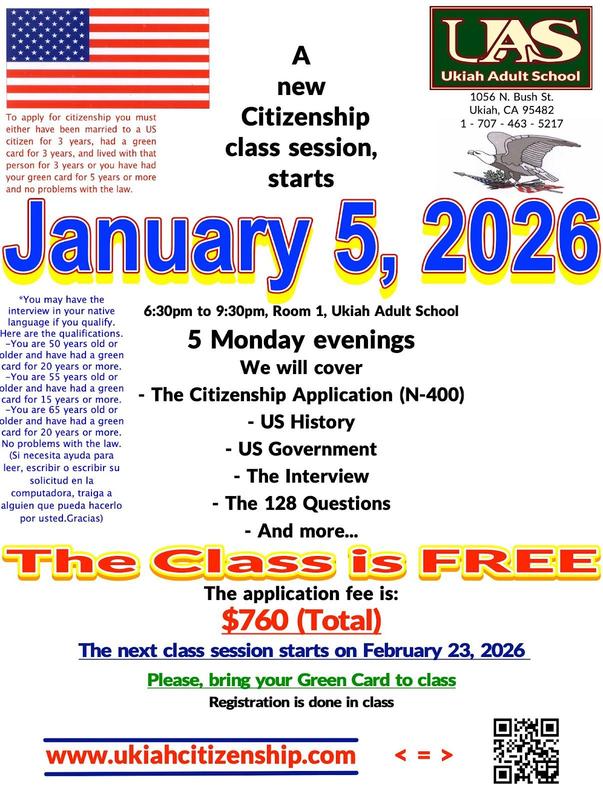 A new citizenship class sesssion starts on Monday, January 5, 2026, in Room 1 at 6:30pm at Ukiah Adult School poster