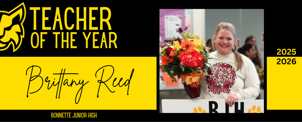 A woman holding flowers with the text Teacher of the Year.
