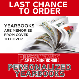 Red and white text with image of a yearbook