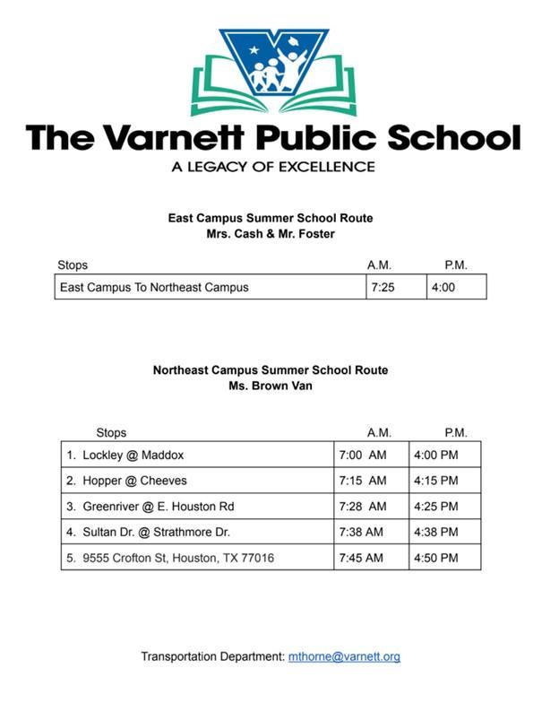 NE/East Students Summer School Bus Routes 2026!
