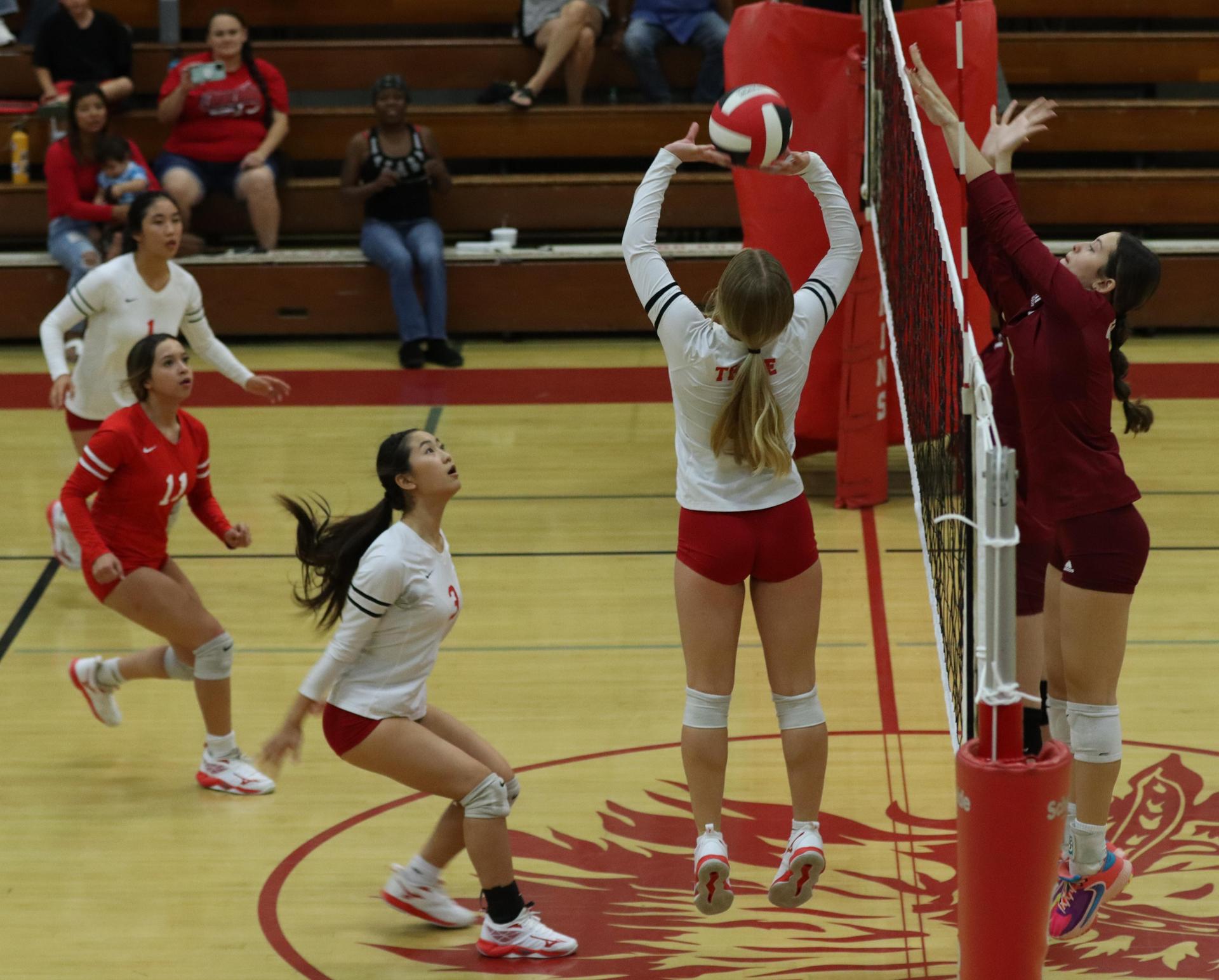 varsity volleyball players in action against golden valley